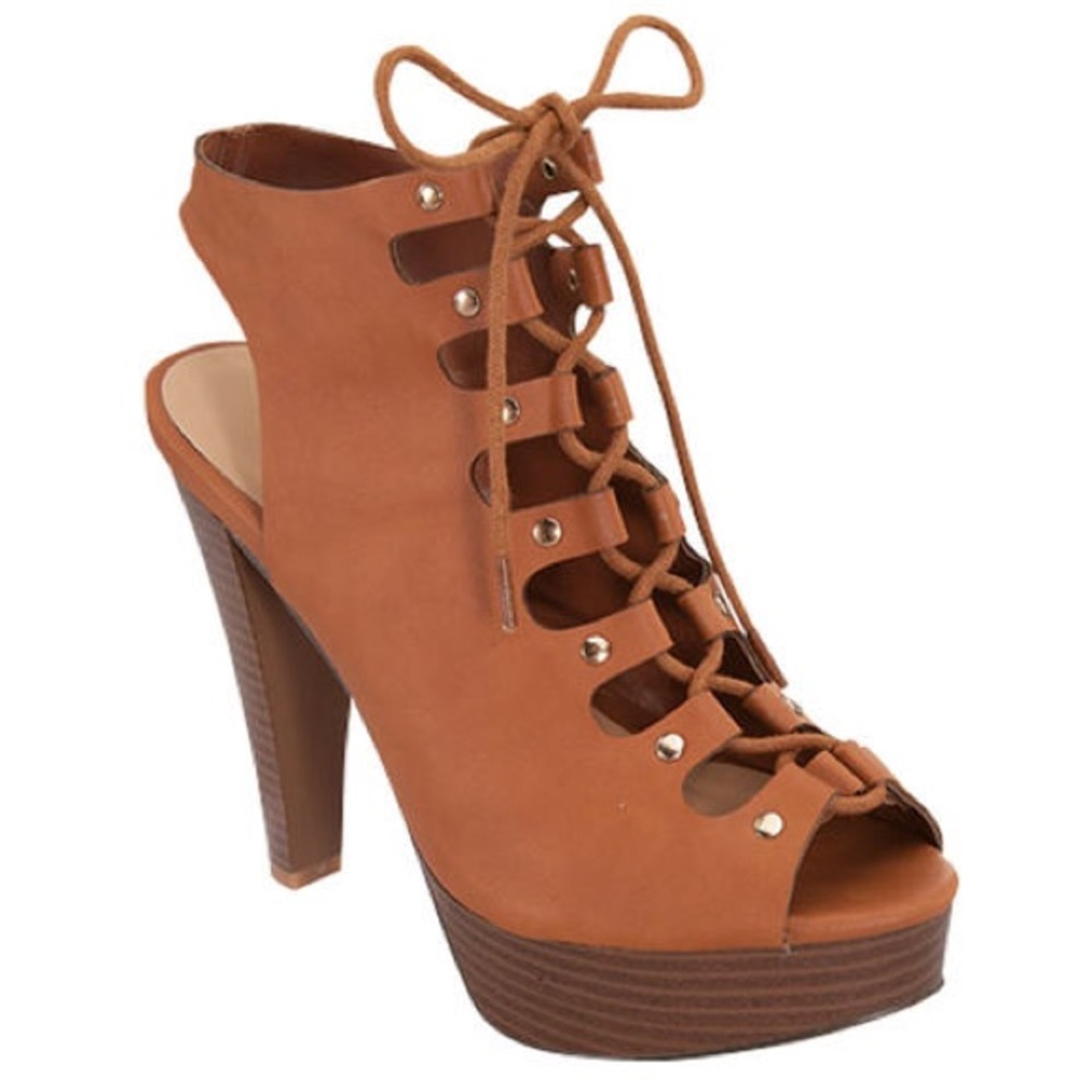 Brown Lace Up Peep Toe Heels